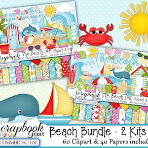 BEACH BUNDEL - 2 Kits in 1, 60 cliparts & 40 papers, Instant Download, zandkasteel, surfen, oceaan, zee, water zomer, golven, walvis, dolfijn