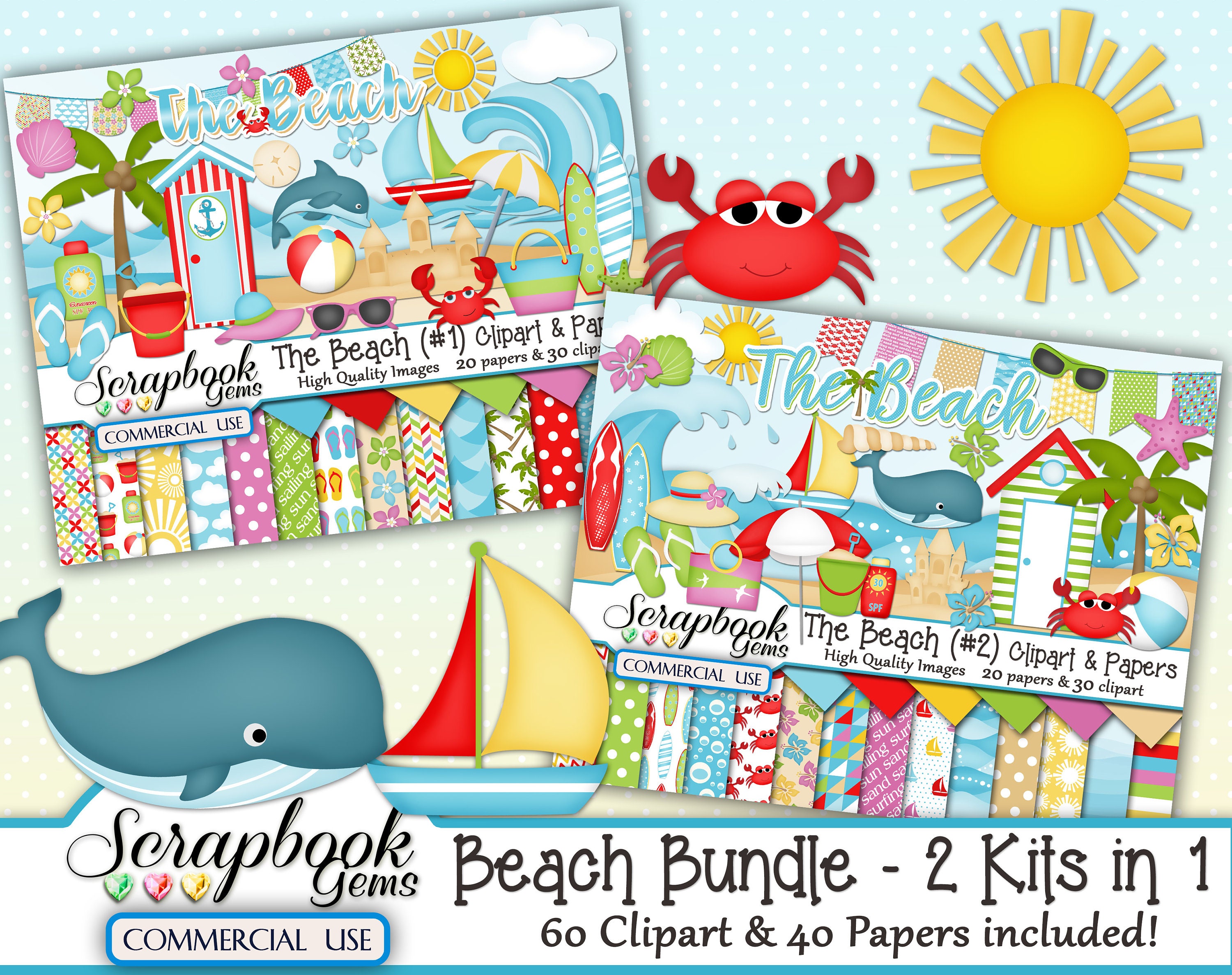 BEACH BUNDLE - 2 Kits in 1, 60 Cliparts & 40 Papers, Instant Download, sand castle, surfing, ocean, sea, water summer, waves, whale, dolphin