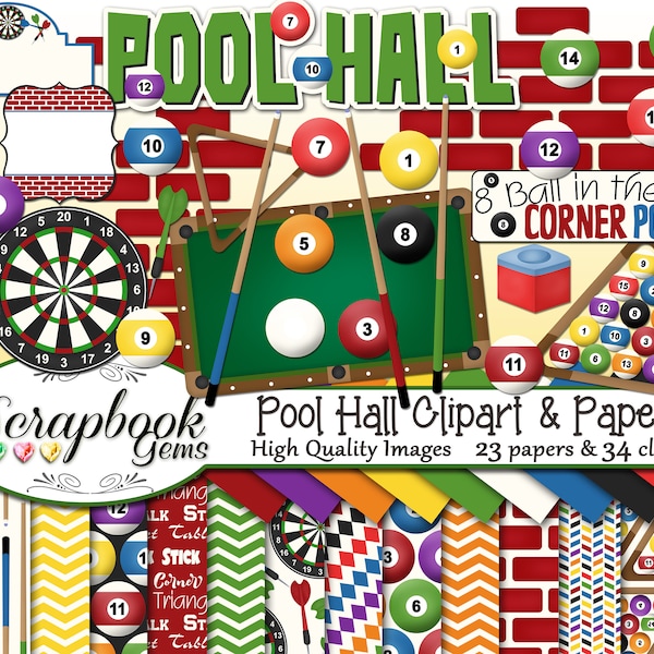 POOL HALL Clipart and Papers Kit, 34 png Clip arts, 23 jpeg Papers Instant Download billiards dartboard darts pool table bricks balls dart