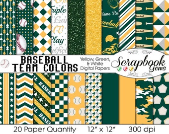 Baseball Digital Papers Yellow, Green, & White, 20 Pieces, 12" x 12", High Quality JPEG files Instant Download Commercial Use Sports Glitter