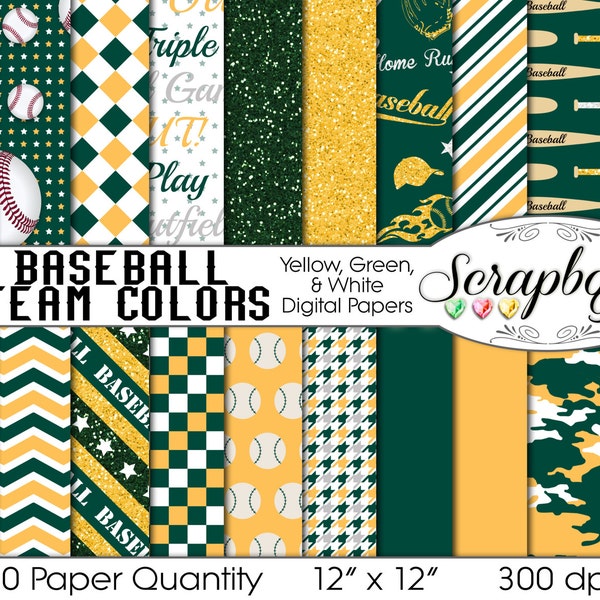 Baseball Digital Papers Yellow, Green, & White, 20 Pieces, 12" x 12", High Quality JPEG files Instant Download Commercial Use Sports Glitter