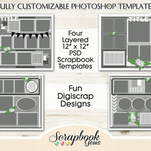 Digital Layered Photo Templates, 12" x 12", PSD Format for Scrapbook Designs digiscrap photoshop customizable  digiscrap photo collage