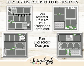 Digital Layered Photo Templates, 12" x 12", PSD Format for Scrapbook Designs digiscrap photoshop customizable  digiscrap photo collage