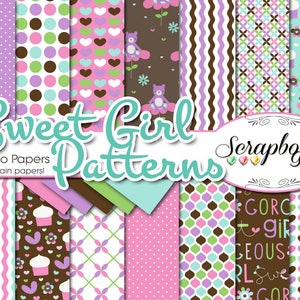 Digital papeles de niña dulce, 19 piezas, 12 "x 12", alta calidad JPEG, instantánea descargar comercial Scrapbook infantil color rosa púrpura babyshower