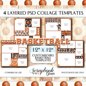 Four 12" x 12" BASKETBALL Digital Scrapbook Layered Photo Templates, PSD Format digiscrap sports photoshop customizable editable collage