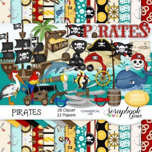 PIRATEN Clipart & Papiere Kit, 28 png Clip arts, 22 jpeg Papiere Sofortiger Download Schädel Meer Wal Boote nautischen Goldschatz