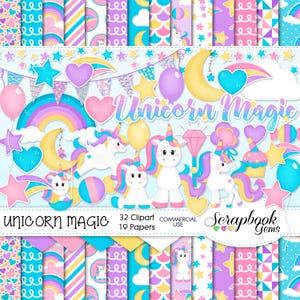 UNICORN MAGIC Clipart & Papers Kit, 32 png-clipartbestanden, 19 jpeg-papierbestanden, direct downloaden, regenbogen, pegasus, magisch, sterren, schitteren
