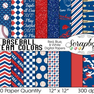 Baseball Digital Papers rosso, blu e bianco, 20 pezzi, 12 "x 12", alta qualità JPEG file, scaricare Instant commerciale uso sport Glitter
