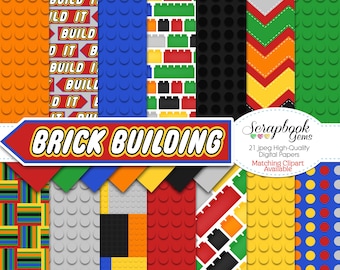 BRICK BUILDING Digital Papers, 21 Pieces, 12&quot; x 12&quot;, High Quality JPEGs, Instant Download building blocks bricks toys games kids play boys