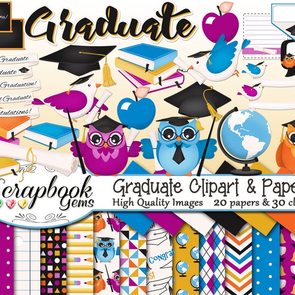 GRADUATE Clipart and Papers Kit, 30 png Clip arts, 20 jpeg Papers Instant Download graduation high school college 8th grade diploma school