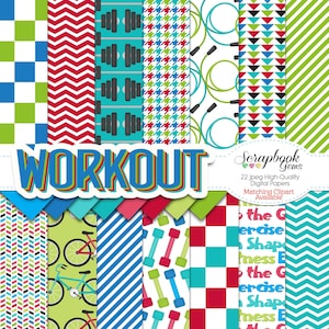 Pode incluir: Um conjunto de 22 papéis digitais com vários padrões temáticos de treino. Os padrões incluem halteres, bicicletas, cordas de saltar e designs geométricos em vermelho, azul, verde e branco.