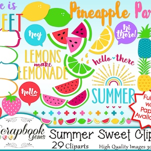 May include: A collection of colorful summer-themed clip art elements. Includes text that says "life is SWEET", "LEMONS make LEMONADE", "Pineapple Party", and "SUMMER". Features illustrations of lemons, limes, watermelons, pineapples, and strawberries.