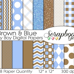 BABY BOY Brown & Blue Digital Papers, 18 Pieces, 12" x 12", High Quality JPEG files, Instant Download Commercial Use Infant Newborn Glitter