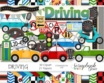 DRIVING Clipart and Papers Kit, 39 png Clip Arts, 21 jpeg Papers Instant Download car truck auto motorcycle motor scooter moped road street