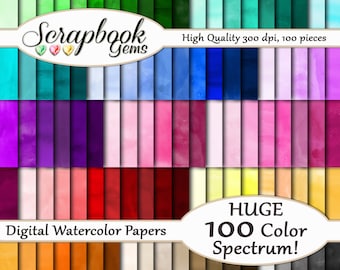 100 Colors Watercolor Papers, 100 Pieces, 12" x 12", 300 dpi High Quality JPEG files, Instant Download