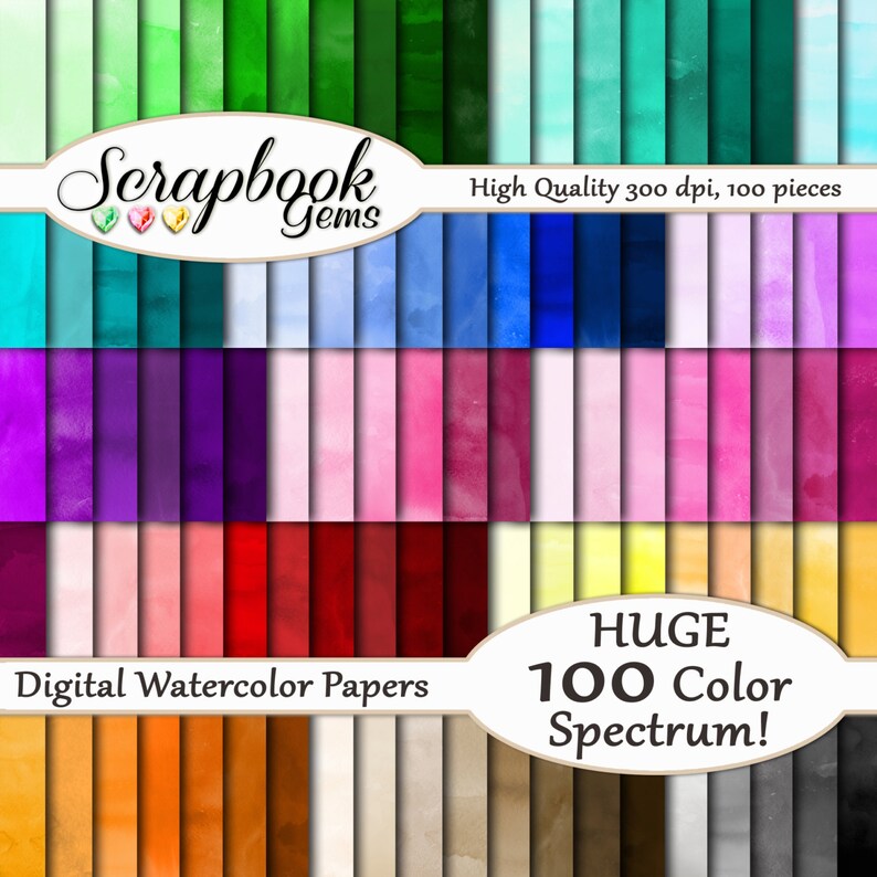 100 Colors Watercolor Papers, 100 Pieces, 12 x 12, 300 dpi High Quality JPEG files, Instant Download image 1