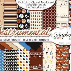 INSTRUMENTALE digitale Papers, 20 stuks, 12 "x 12", hoge kwaliteit JPEG's, Instant Download gitaar muziek muzikale viool cello piano nummer blad