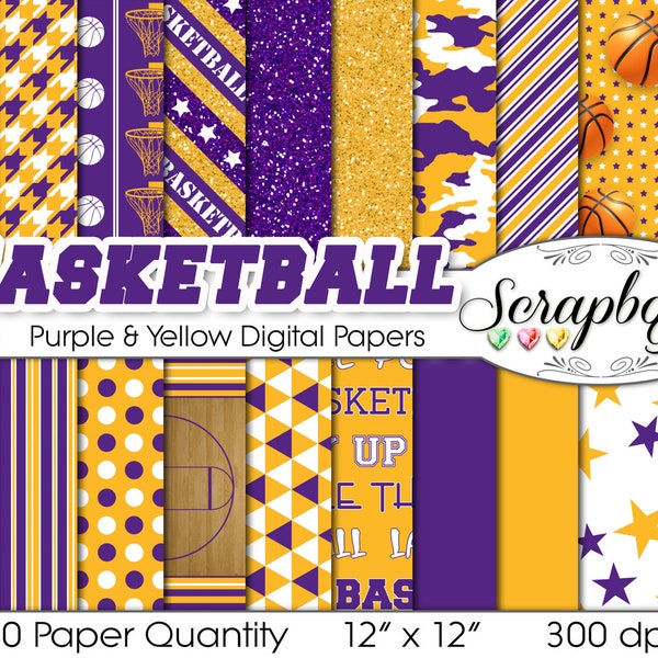 Basketball Digital Papers Purple & Yellow, 20 Pieces, 12" x 12", High Quality JPEGs, Instant Download Commercial Use Sports Glitter