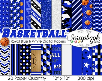 Basketball Digital Papers Royal Blue & White, 20 Pieces, 12" x 12", High Quality JPEGs, Instant Download Commercial Use Sports ball gym