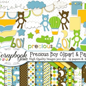 PRECIOUS BOY Clipart & Papers Kit, 27 png Clipart Dateien, 19 jpeg Papierdateien, Instant Download grün braun blau Bären Mond Sterne Wolken Boot