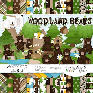 WOODLAND BEREN Clipart and Papers Kit, 27 png Clip Arts, 24 jpeg Papers Instant Download forest pine tree grizzly zwarte beer bij bijenkorf eikel