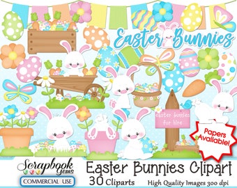 Könnte beinhalten: Eine Sammlung von Ostern-Clipart mit weißen Hasen, verzierten Eiern, Karotten, Blumen und Schmetterlingen. Die Wörter "Easter Bunnies" und "Easter Bunnies Clipart" sind zu sehen. Das Bild hat einen hellblauen Hintergrund und Pastellfarben.