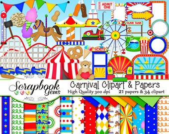 CARNIVAL Clipart & Papers Kit, 34 png Clip arts, 21 jpeg Papers Instant Download party amusement theme fair park roller coaster circus rides