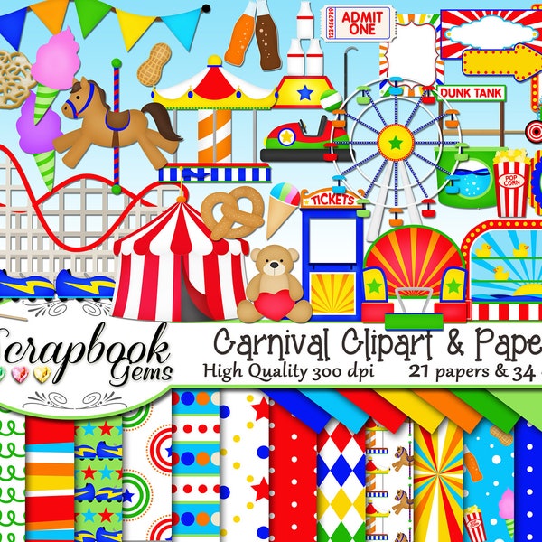 CARNIVAL Clipart & Papers Kit, 34 png Clip arts, 21 jpeg Papers Instant Download party amusement theme fair park roller coaster circus rides