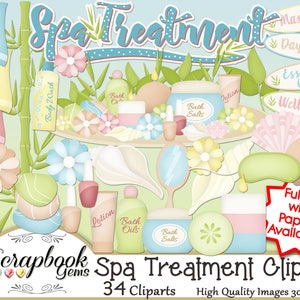Puede incluir: Un conjunto de imágenes prediseñadas digitales con temática de spa. Incluye botellas de loción y aceites de baño, sales de baño, velas, flores y un espejo. Se muestra el texto "Spa Treatment Clipart", junto con otras palabras relacionadas con el spa.