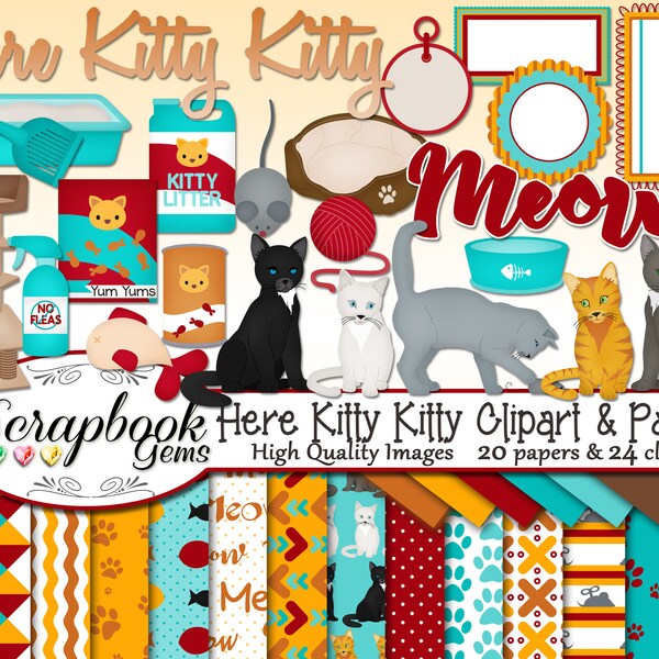 Hier KITTY KITTY Clipart & Papiere Kit, 24 Png-Clip-Arts, 20 Jpeg Papiere Instant Download Kätzchen Katze Tiere Haustier Katzenstreu paw print Stichworte