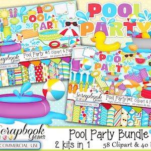 POOL PARTY BUNDLE - 2 Kits in 1, 58 Cliparts & 40 Papers, Instant Download, swimming pool, summer, raft, water balloon, splash, sprinkler