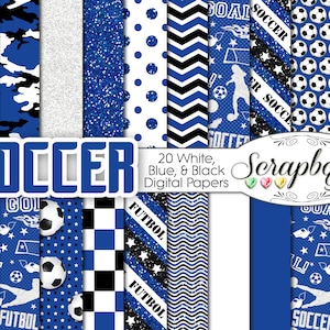 SOCCER Futbol Digital Papiere blau, weiß & Schwarz 20 Stück, 12 "x 12", hohe Qualität JPEG Dateien Instant Download kommerziellen Sports england