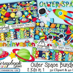 OUTER SPACE BUNDLE - 2 Kits in 1, 52 Cliparts & 40 Papers, Sofort Download, Sonnensystem, Alien, Ufo, Planeten, Astronaut, Rakete, Marsmensch
