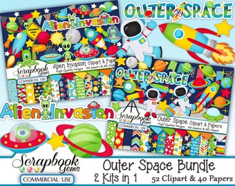OUTER SPACE BUNDLE - 2 Kits in 1, 52 Cliparts & 40 Papers, Instant Download, solar system, alien, ufo, planets, astronaut, rocket, martian