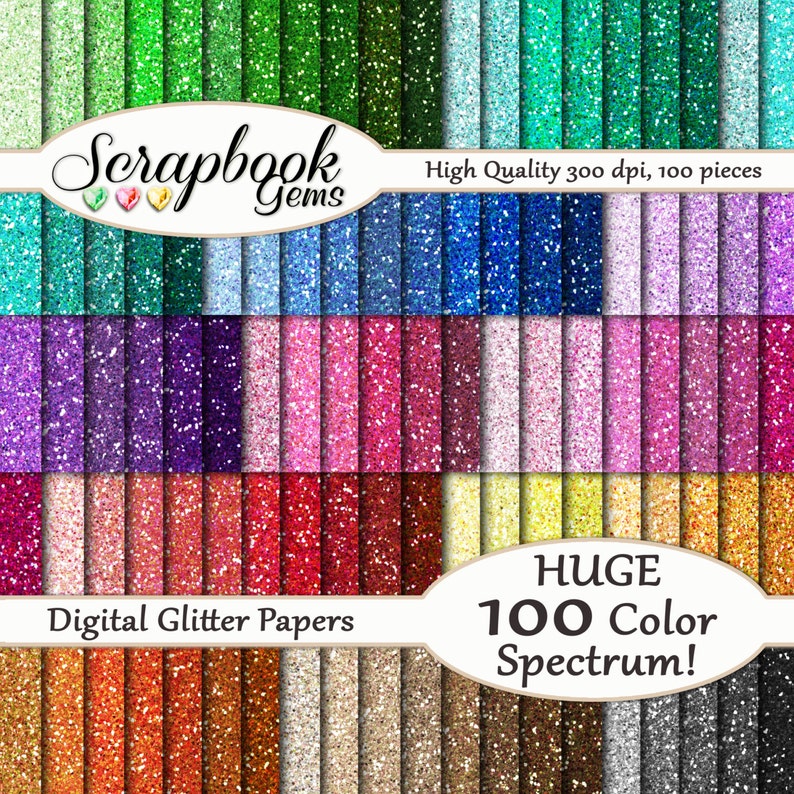 May include: A digital paper pack featuring 100 different glitter textures in a range of colours. The pack is labelled "Scrapbook Gems" and "Digital Glitter Papers".