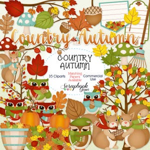 May include: A digital clipart set featuring 35 illustrations of owls, squirrels, pumpkins, leaves, and other autumnal elements. The set is titled "Country Autumn" and includes matching papers. The clipart is perfect for scrapbooking, card making, and other craft projects.