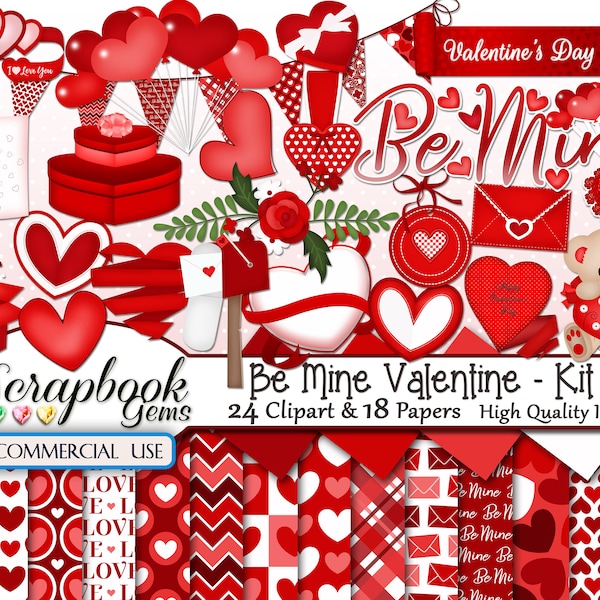 BE MINE VALENTINE Kit #2 Clipart & Papers Kit, 24 png Clipart Dateien, 18 jpeg Papierdateien, Sofort Download, Liebe, Herzen, Teddy, Valentinstag