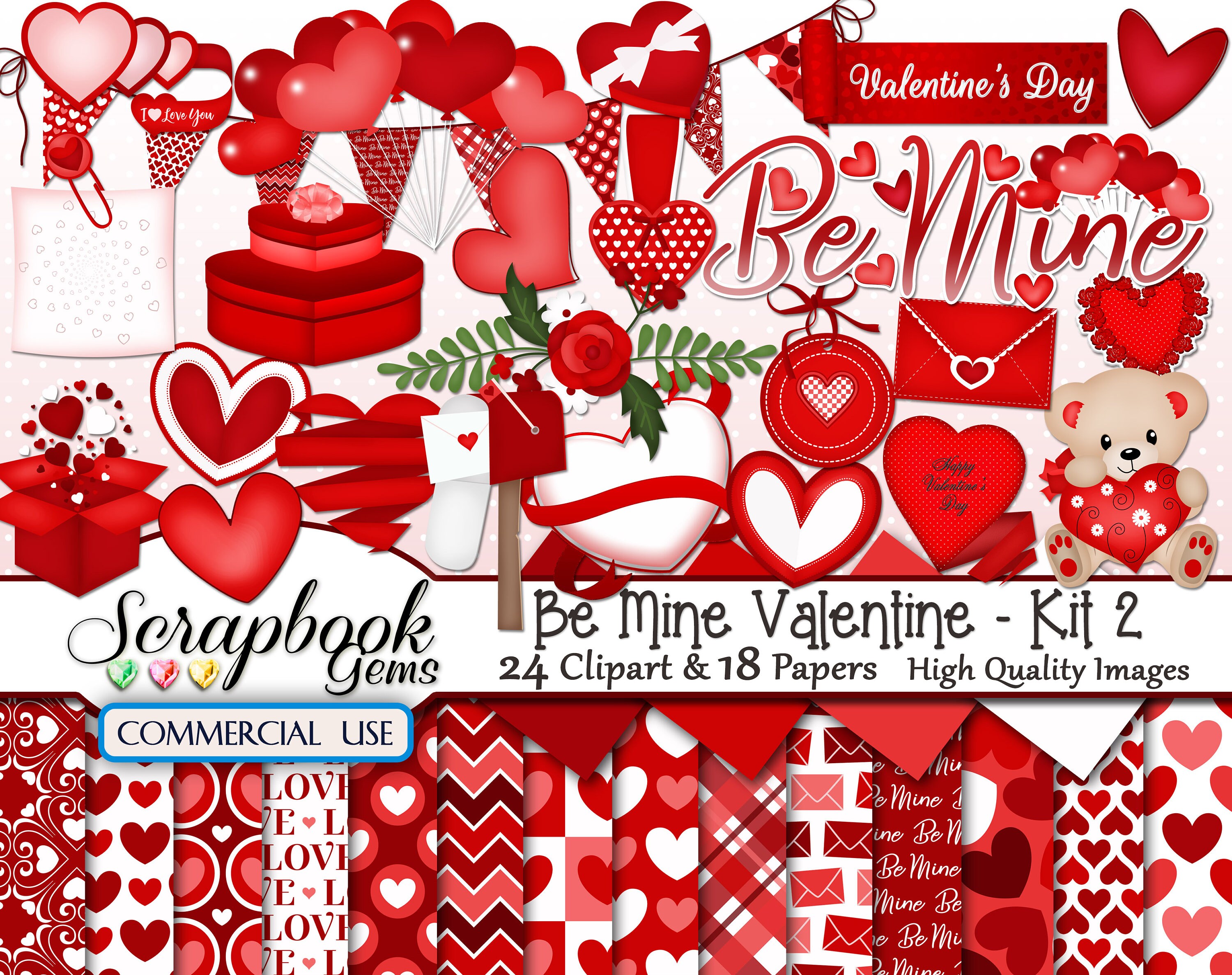 BE MINE VALENTINE Kit 2 Clipart & Papers Kit 24 Png Clipart - Etsy