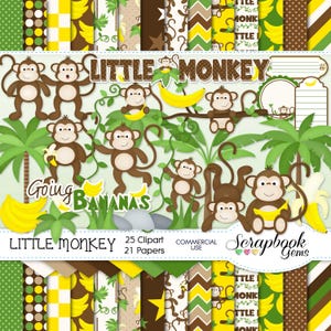 KLEINER AFFE Clipart und Papiere Kit, 25 png Clip arts, 21 jpeg Papiere Sofortiger Download Bananen Affen Affen Zoo Dschungel Safari Bäume Tier