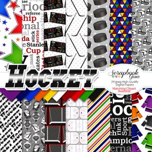 Könnte beinhalten: Ein digitales Papierpaket mit 24 Designs zum Thema Hockey. Die Designs beinhalten Hockeyschläger, Pucks, Schlittschuhe, Scoreboards und Trikots. Der Text "HOCKEY" steht in großen, fetten Buchstaben oben im Bild. Der Text "Scrapbook Gems" befindet sich in der rechten unteren Ecke des Bildes.