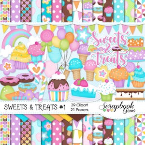 SWEETS & LEATS #1 Clipart and Papers Kit, 29 png Clipart Dateien, 21 jpeg Papierdateien, Instant Download, Cupcakes, Donuts, Süßigkeiten, Smores