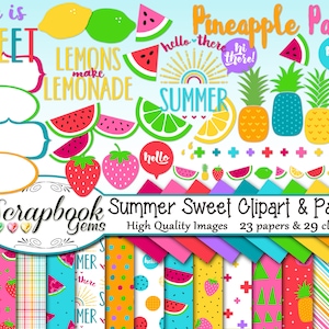 SUMMER SWEET Clipart & Papers Kit, 29 png Clip arts, 23 jpeg Papiers Téléchargement instantané pastèque de printemps fraise citron citron lime fruit ananas
