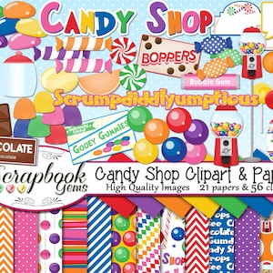 CANDY SHOP Clipart and Papers Kit, 56 png Clip arts, 21 jpeg Papers Instant Download lollipop sweets gumballs candycane sucker jellybean jar