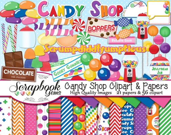 CANDY SHOP Clipart And Papers Kit, 56 Png Clip Arts, 21 Jpeg.