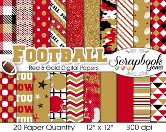 Football Digital Papers Red & Gold, 20 Pieces, 12" x 12", High Quality JPEG files, Instant Download Commercial Use Sports Glitter