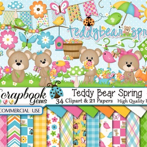 TEDDYBÄR FRÜHLING Clipart & Papers Kit, 34 png Clipart Dateien, 21 jpeg Papierdateien, Instant Download Frühling Ostern Marienkäfer Garten Schmetterling