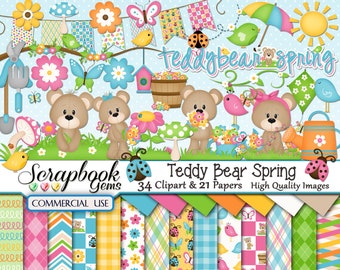 TEDDY BEAR SPRING Clipart & Papers Kit, 34 png Clipart files, 21 jpeg Paper files, Instant Download spring easter ladybug garden butterfly