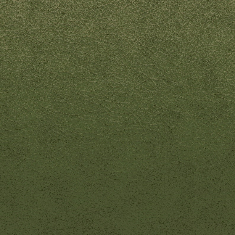 May include: Close-up of olive green leather with a textured surface. The leather has a slightly distressed appearance, with fine lines and subtle variations in color. This material is suitable for upholstery, accessories, or other craft projects.