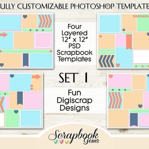 Four 12" x 12" Digital Pocket Scrapbook Layered Photo Templates, PSD Format digiscrap photoshop customizable editable photo collage