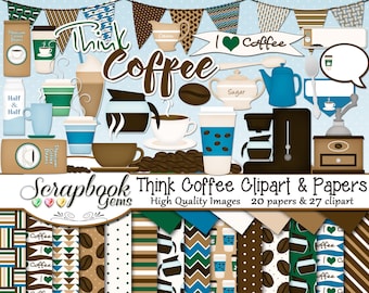 May include: A digital clipart set featuring coffee-themed illustrations and patterns. The set includes 27 clipart images and 20 digital papers. The clipart includes images of coffee cups, coffee beans, coffee pots, and coffee grinders. The digital papers feature various patterns, including coffee beans, stripes, and polka dots.
